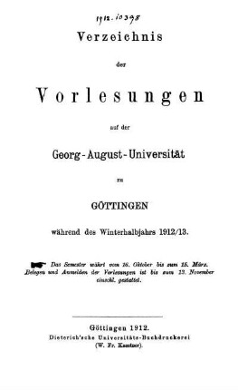 WS 1912/13: Verzeichnis der Vorlesungen