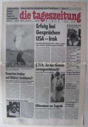 Fragment der Ost-Ausgabe der "tageszeitung" u.a. zu Verhandlungen im Irak, zum Umgang mit den Stasi-Unterlagen und zur Diskussion über eine neue Verfassung