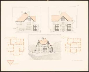 Landhaus: Grundriss EG, 1. OG, Perspektivische Ansicht, Ansichten (aus: Moderne Bauformen. Fassaden, Interieurs, Details im Verein mit R. Beauclair, hrsg.v. M.J. Gradl, Bd. 2, H.7, 1903)