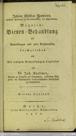 Johann Christian Ramdohrs ... Magazin-Bienen-Behandlung : mit Anmerkungen und zwei Kupfertafeln