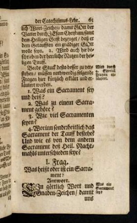 61-64, I. Frag. Was heißt oder ist ein Sacrament?