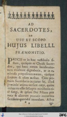 Ad Sacerdotes, De Usu Et Scopo Hujus Libelli.