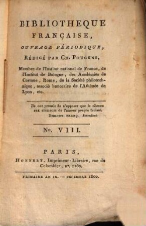 Bibliothèque française : ouvrage périodique. 1. 1800, 8 = Dez.