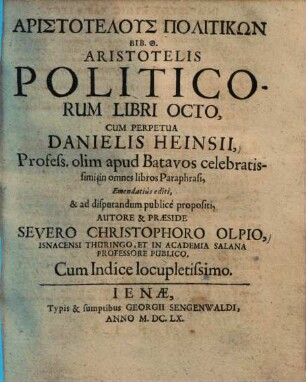 Aristotelis Politicorum Libri Octo : Cum Indice Locupletissimo = Aristotelus Politikōn Bib. 8