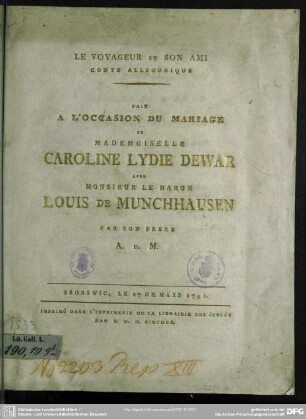Le Voyageur Et Son Ami Conte Allégorique : Bronswic, Le 27 De Mars 1791