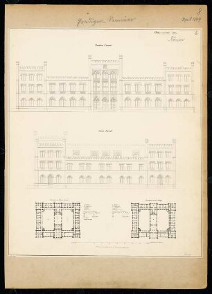 Predigerseminar Monatskonkurrenz April 1844: Grundriss Erdgeschoss, Obergeschoss, Aufriss Vorderansicht, Seitenansicht; 2 Maßstabsleisten, Raumplan