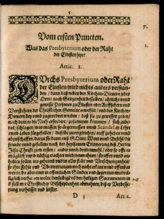 Vom ersten Puncten. Was das Presbyterium oder der Raht der Eltesten seye?