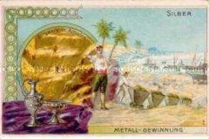 Sammelbild der Serie "Metallgewinnung"; mit Werbung für Diamantine-Schuhcreme der Firma Rudolf Starcke; um 1900