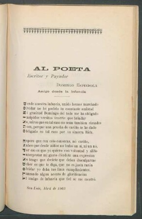 Al poeta, escritor y payador Domingo Espindola : Amigo desde la infancia