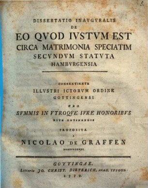 Dissertatio Inavgvralis De Eo Qvod Ivstvm Est Circa Matrimonia Speciatim Secvndvm Statvta Hambvrgensia