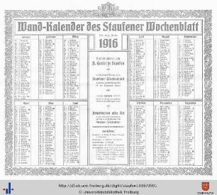 Wandkalender 1916