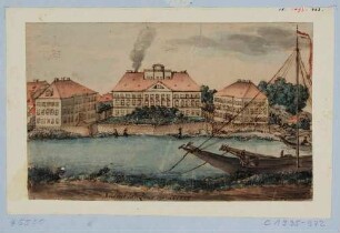 Die Calberlasche Zuckersiederei (ab 1856 Hotel Bellevue) an der Elbe nordwestlich des Italienischen Dörfchens in Dresden von Norden über die Elbe gesehen