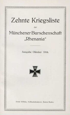 10.1916: Kriegsliste der Münchener Burschenschaft Rhenania