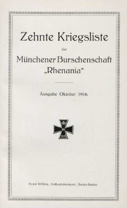 10.1916: Kriegsliste der Münchener Burschenschaft Rhenania