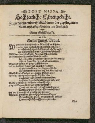 Post Missa. Hochzeitliche Ehrengedicht.