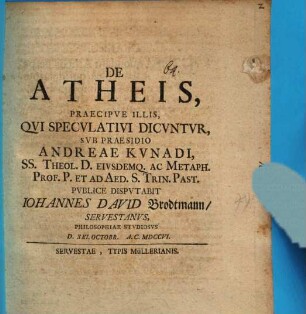De atheis, praecipue iis, qui speculativi dicuntur