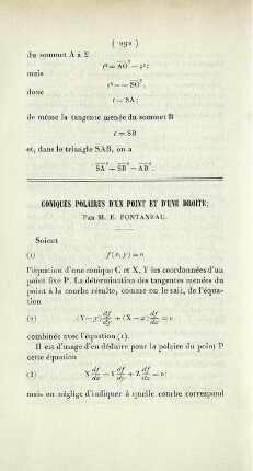 Coniques polaires d'un point et d'une droite.