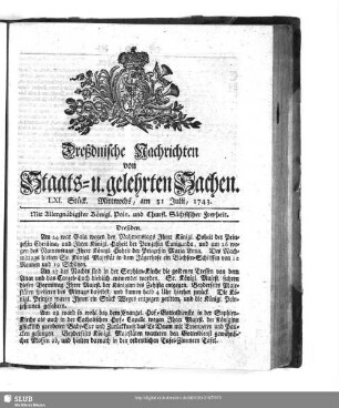 61. - 70. Stück. 31. Juli 1743 - 31. August 1743
