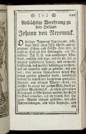 Andächtige Verehrung zu dem Heiligen Johann von Nepomuck. - Litaney vom Heil. Johann von Nepomuck.