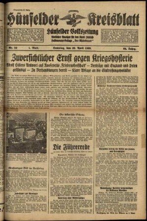 Erste Ausgabe vom Samstag, den 29. April 1939.