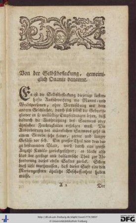 Von der Selbstbefleckung, gemeiniglich Onanie benannt.