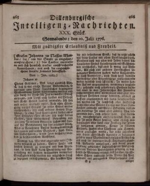 XXX. Stück: Sonnabends: den 20. [i.e. 27.] Julii 1776