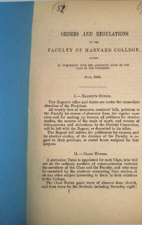 Orders and regulations of the faculty of Harvard College, 1855