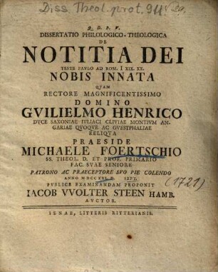 Dissertatio Philologico-Theologica De Notitia Dei Teste Pavlo Ad Rom. I XIX. XX. Nobis Innata