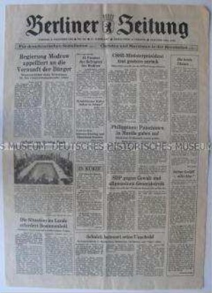 Tageszeitung "Berliner Zeitung" u.a. zur ersten Zusammenkunft des "Runden Tisches" in der DDR