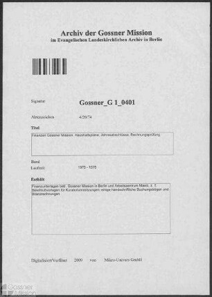Finanzen Gossner Mission. Haushaltspläne, Jahresabschlüsse, Rechnungsprüfung