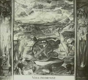 Das Gemälde "Apotheose der Dienstpflicht - Volk im Dienst". Das Bild wurde Sachsens Geburtstagsgeschenk für den Führer und Reichskanzler Adolf Hitler am 20. April 1933