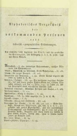 Alphabetisches Verzeichniß der vorkommenden Personen nebst historisch-geographischen Erläuterungen