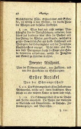 Zweyter Abschnitt. Von der Schwangerschaft, dem Zufühlen, und von den Krankheiten der Schwangern.