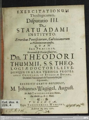 3: De statu Adami instituto : erroribus Pontificiorum, Calvinianorum ac Photinianorum opposita