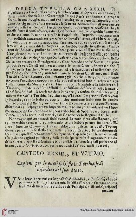 Capitolo XXXIII, et ultimo. Cagioni per le quali sussiste la Turchia fra disordini del suo Stato
