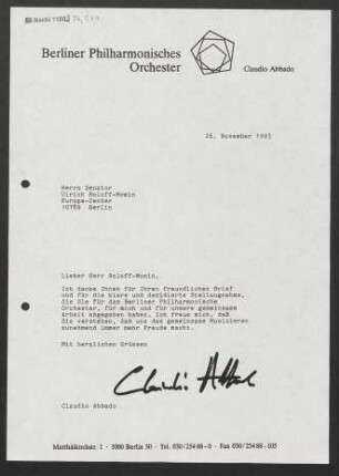 Brief an Ulrich Roloff-Momin an Berlin. Senator für Kulturelle Angelegenheiten, 26.11.1993