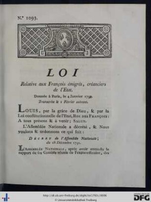 Loi Relative aux François émigrés, créanciers de l'Etat.