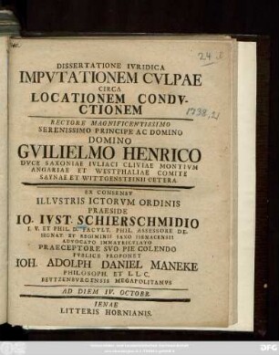 Dissertatione Ivridica Impvtationem Cvlpae Circa Locationem Condvctionem