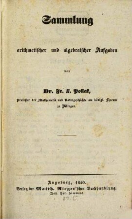 Sammlung arithmetischer und algebraischer Aufgaben, 1