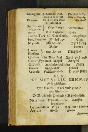 XLV. De Metallis, Gemmis & lapidibus.