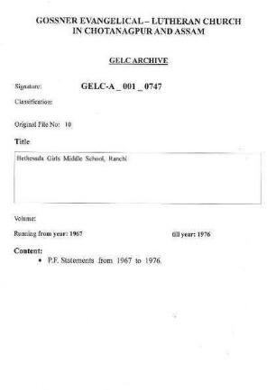Bethesada Girls Middle School, Ranchi.