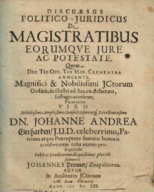 Discursus Politico-Iuridicus De Magistratibus Eorumque Iure Ac Potestate