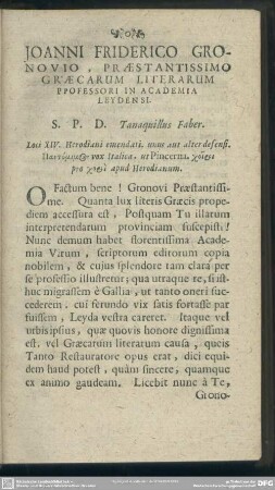 Joanni Friderico Gronovio, Praestantissimo Graecarum Literarum Professori In Academia Leydensi