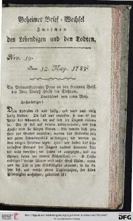 Geheimer Brief-Wechsel zwischen den Lebendigen und den Todten Nro. 19