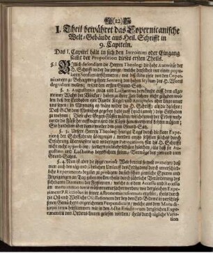 I. Theil bewähret das Copernicanische Welt-Gebäude aus Heil. Schrifft in 9 Capiteln