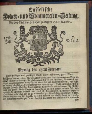 7. Stueck, Montag den 18ten Februarii 1765