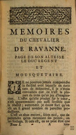 Mémoires Du Chevalier De Ravanne, Page De Son Altesse Le Duc Regent, Et Mousquetaire, 1