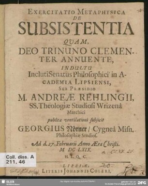 Exercitatio Metaphysica De Subsistentia : Ad d. 27. Februarii Anno ... MDCLXIX.