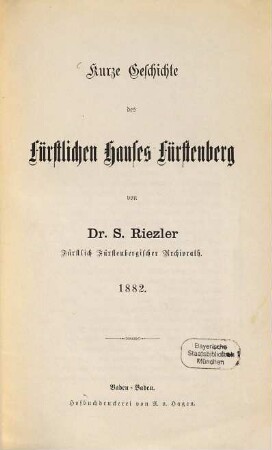 Kurze Geschichte des Fürstlichen Hauses Fürstenberg