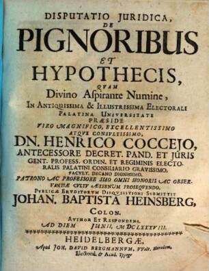 Disputatio Juridica, De Pignoribus Et Hypothecis